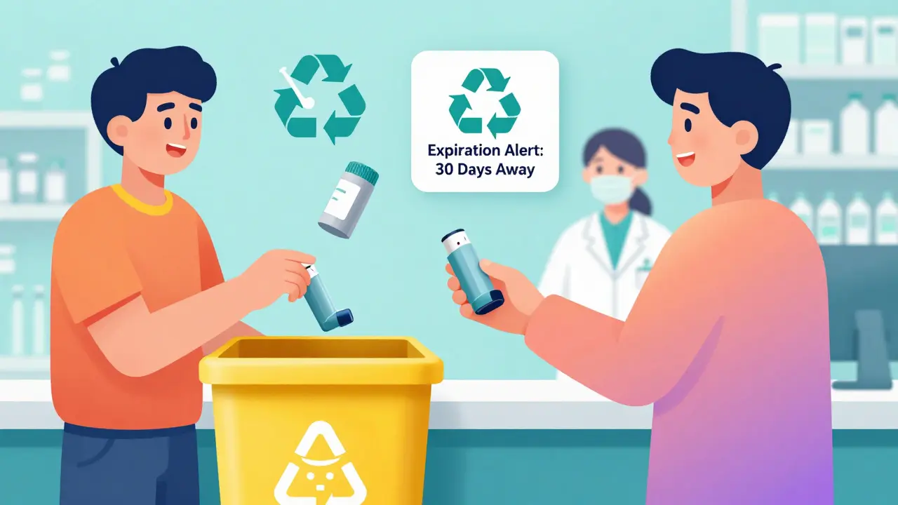 Person disposing of inhaler at pharmacy pickup bin