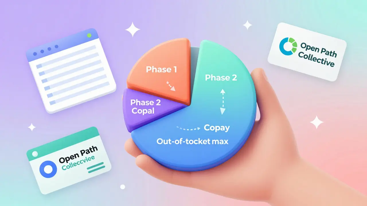 Person holding a budget pie chart showing therapy cost phases, with tools like insurance card and spreadsheet nearby.