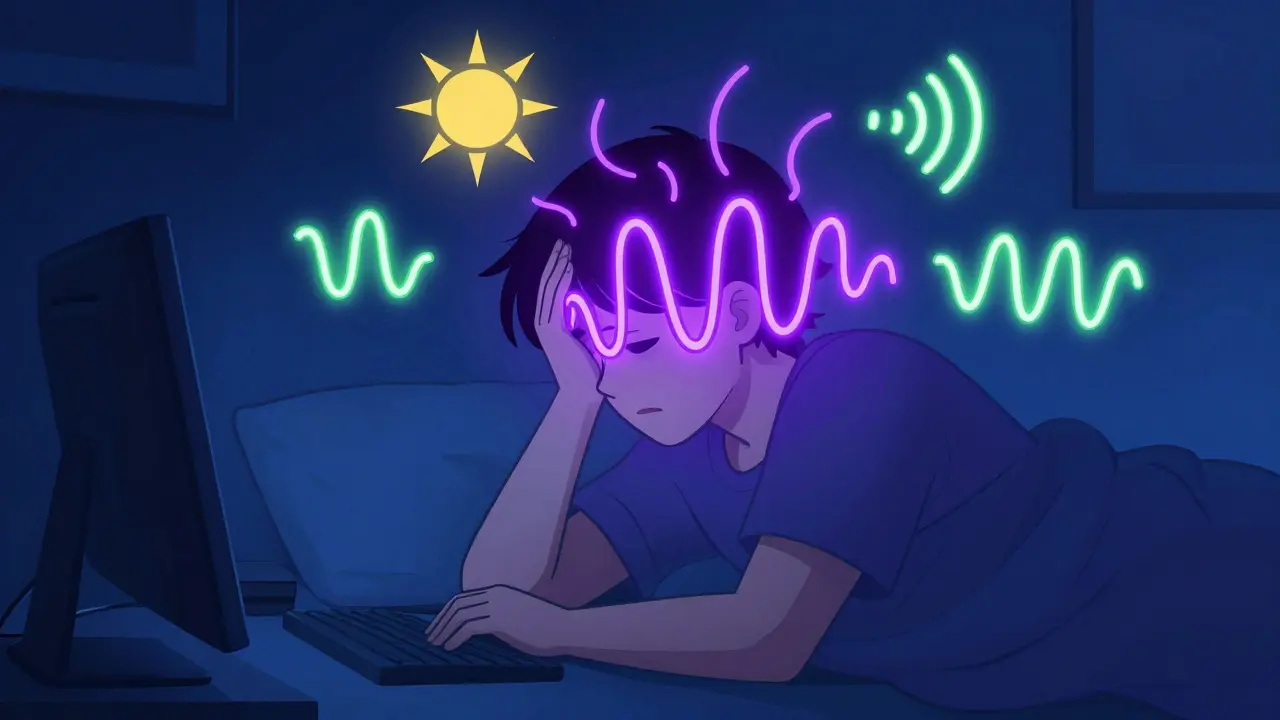 Person in dark room with pulsing migraine symptoms and light sensitivity.