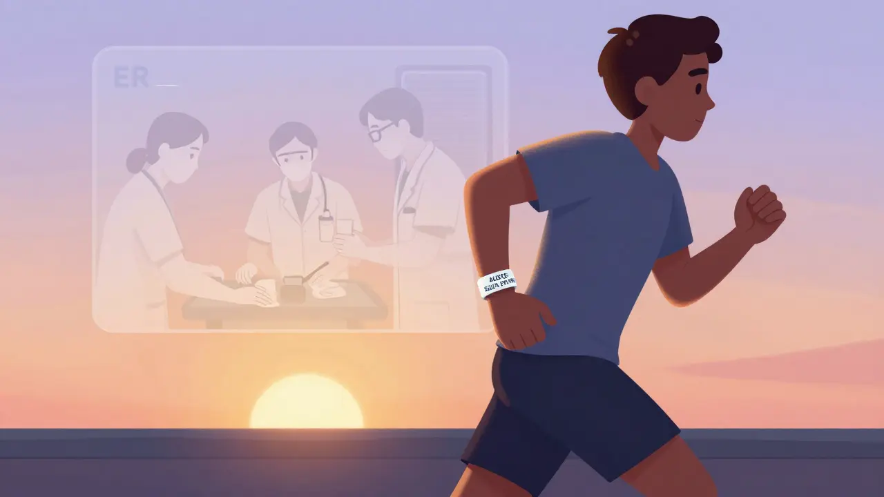 Person jogging at sunrise wearing a medical alert bracelet, with ghostly ER scene showing responders noticing it.