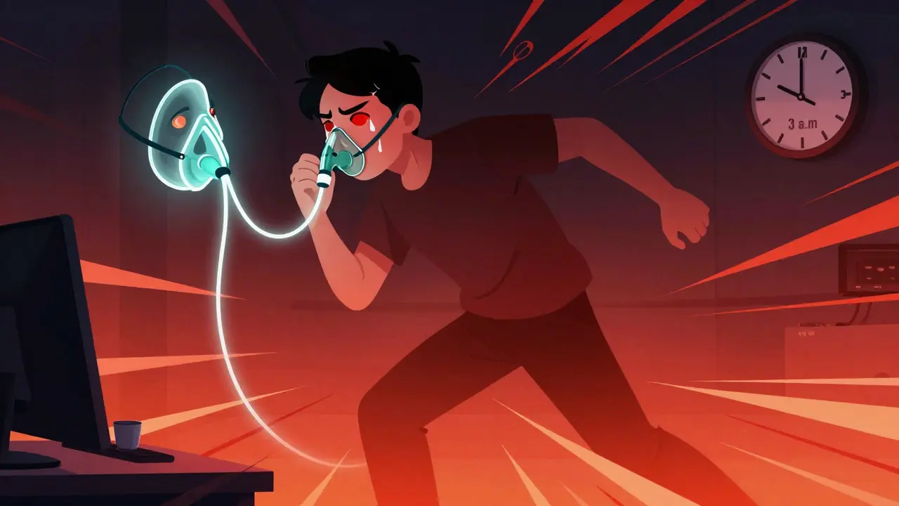 Person pacing with cluster headache symptoms and oxygen mask nearby.