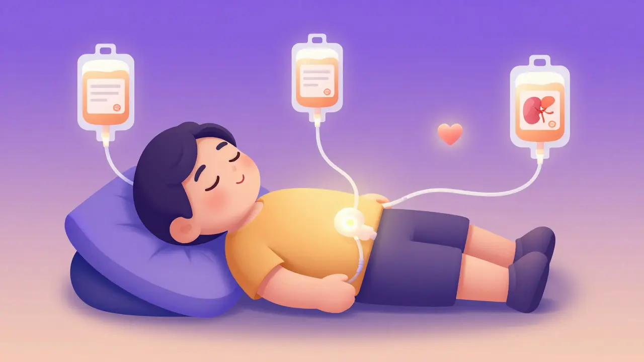 Person sleeping peacefully while a home cycler performs peritoneal dialysis with glowing fluid bags nearby.