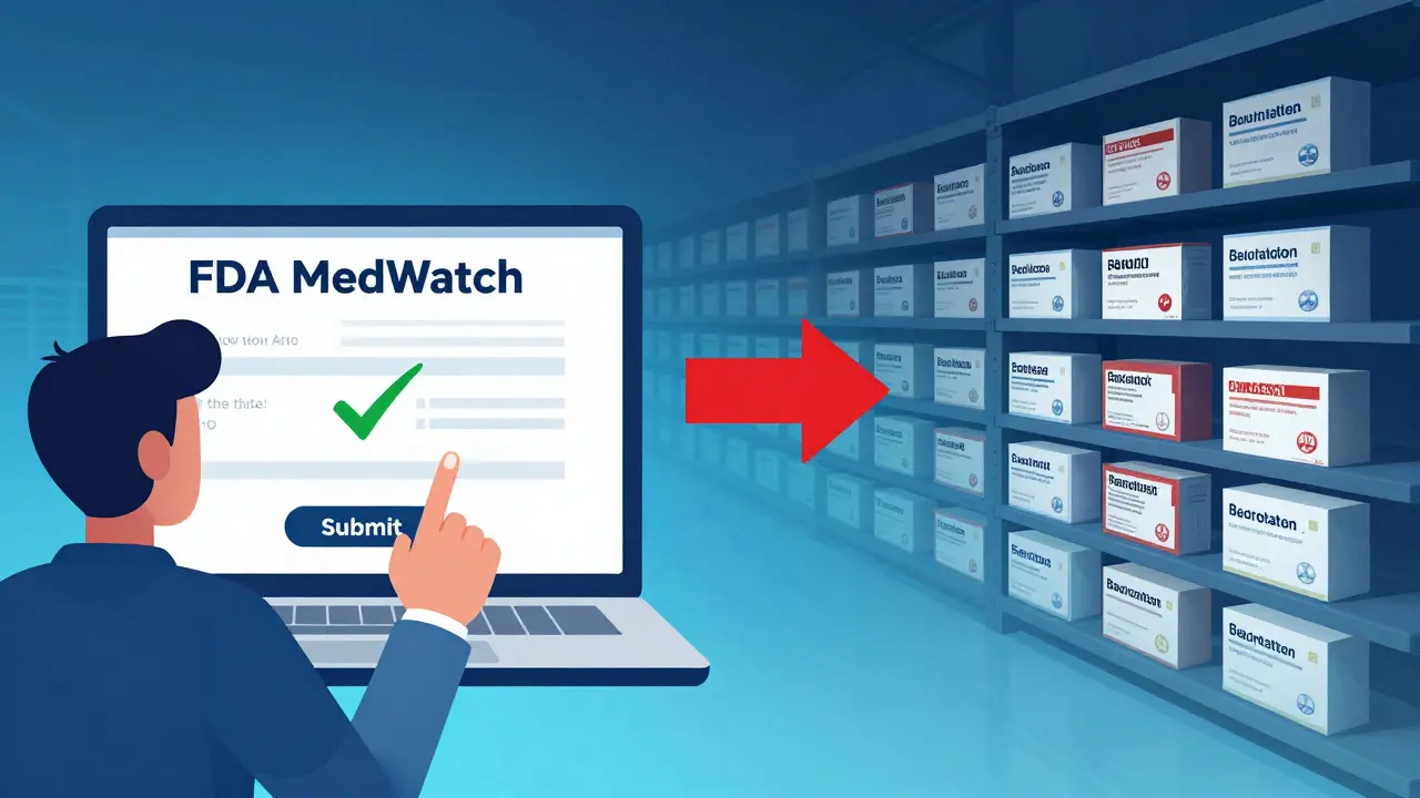 Person submitting a counterfeit drug report online while a shadowy warehouse of fake medicines looms behind.