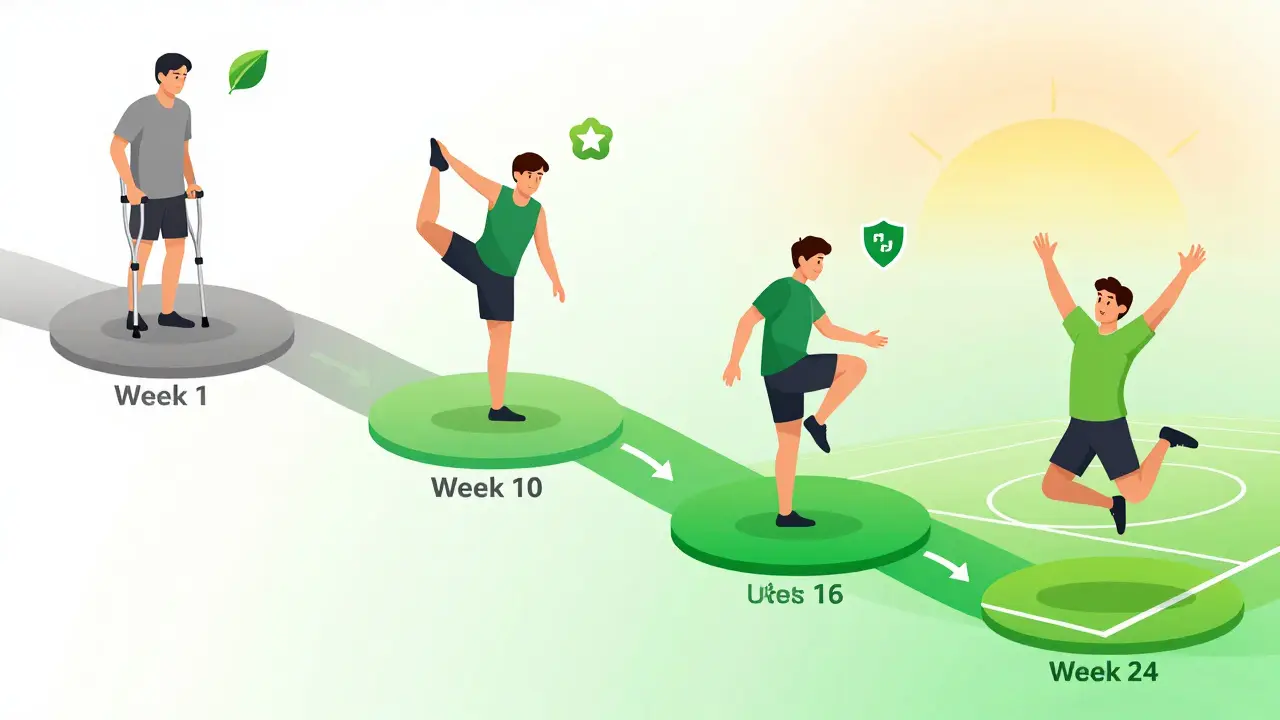 Recovery timeline showing athlete progressing from crutches to full athletic return over six months