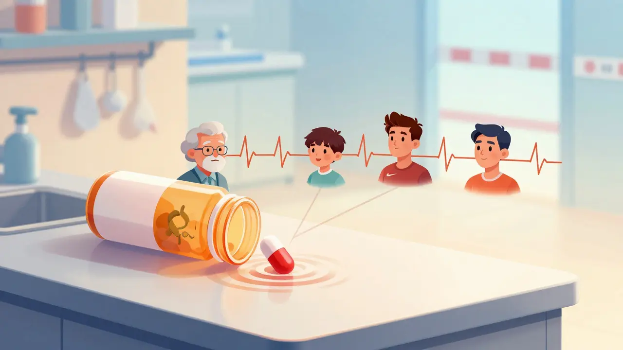 Ripple effect from a pill bottle transforming into faces of people protected by the report.