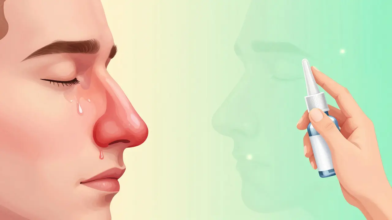 Side-by-side nasal passages: one inflamed and congested, the other calm and clear, with a spray bottle correctly angled.