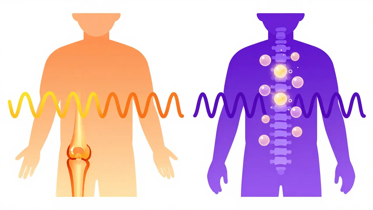 Split-body illustration showing high and low-frequency TENS pulses blocking pain and releasing endorphins.