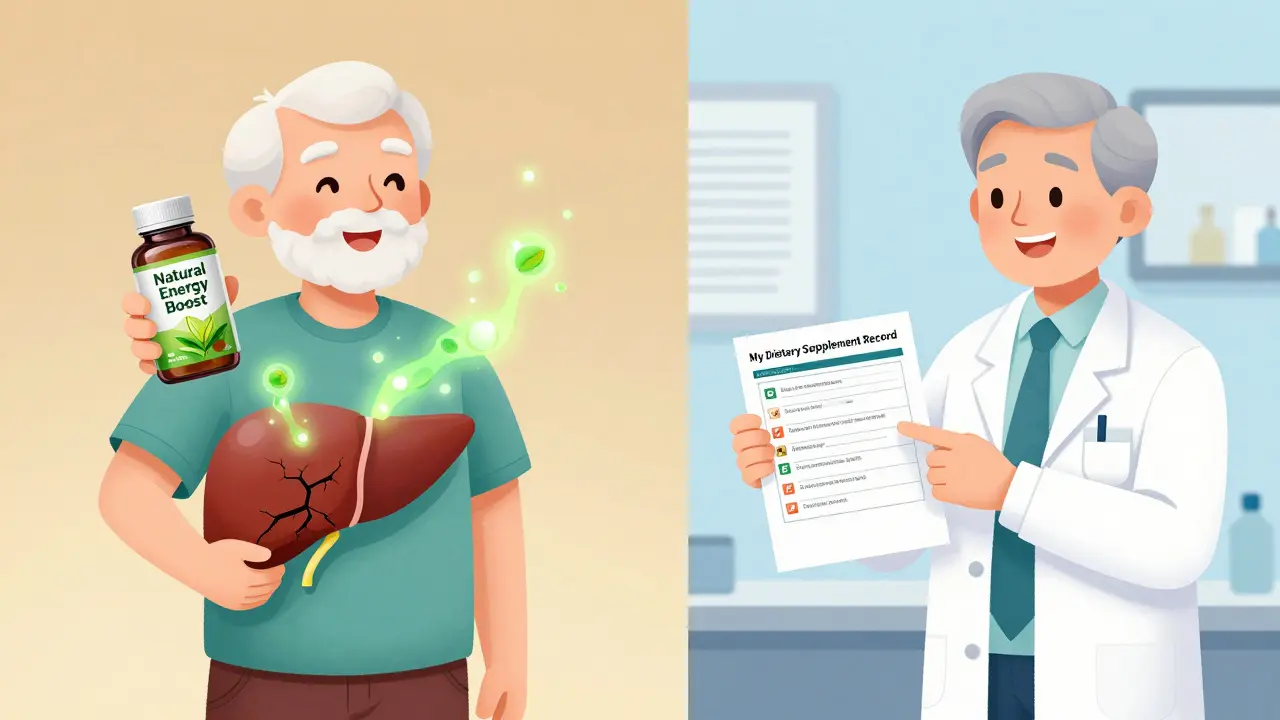 Split image: liver damaged by green tea extract vs. person safely tracking supplements with doctor.