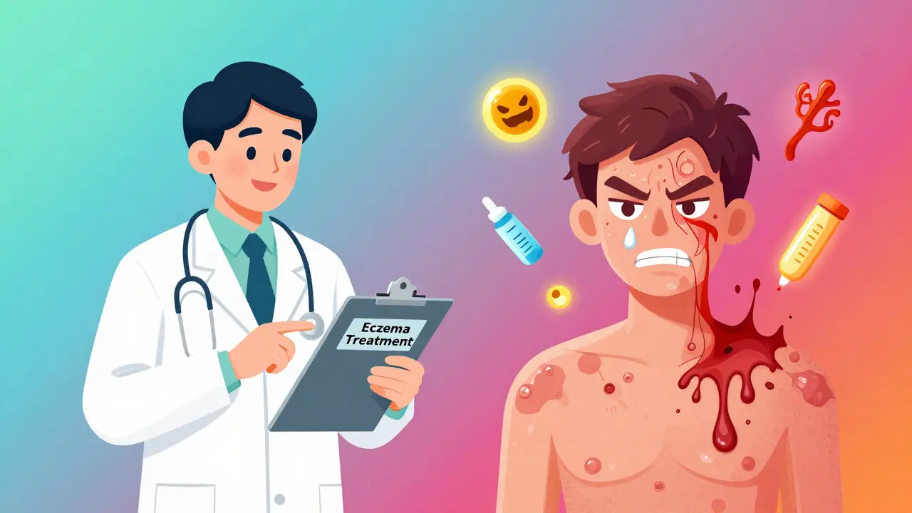 Split image: person applying cream with doctor vs. same person with angry, blistered skin and hidden allergens floating.