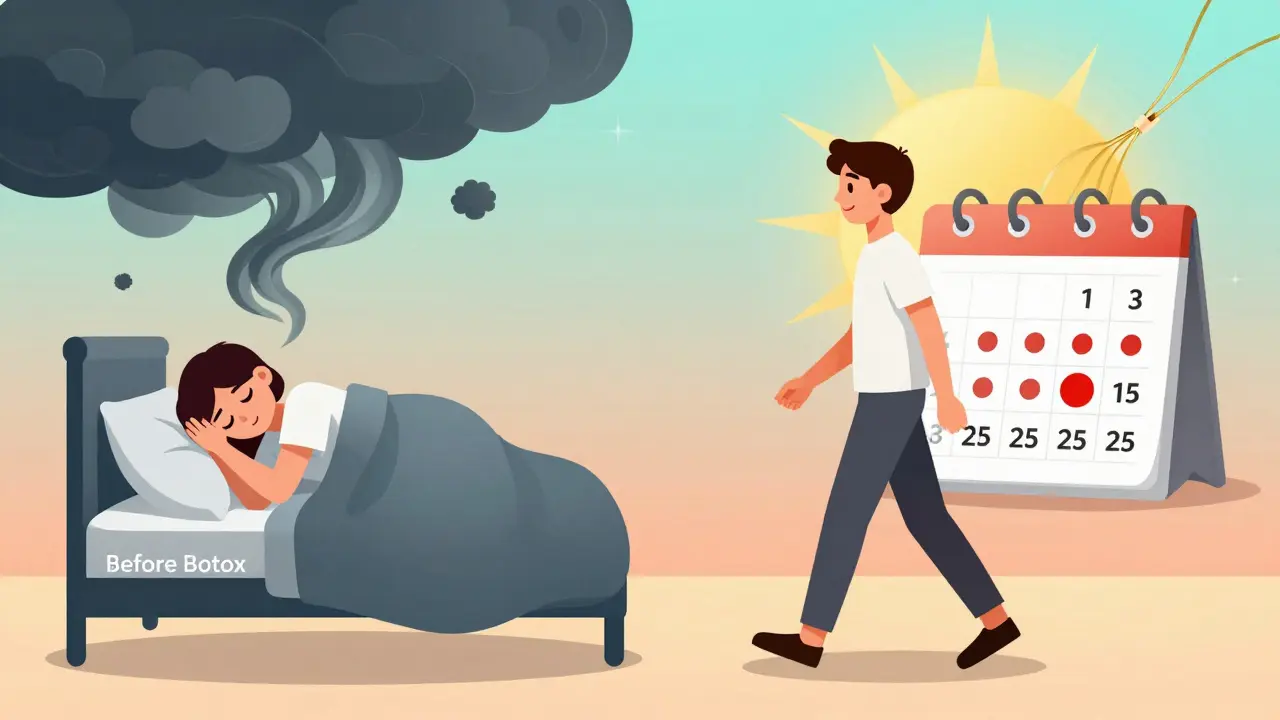 Split image: person in pain before Botox vs. person smiling after treatment with fewer headache days on calendar.