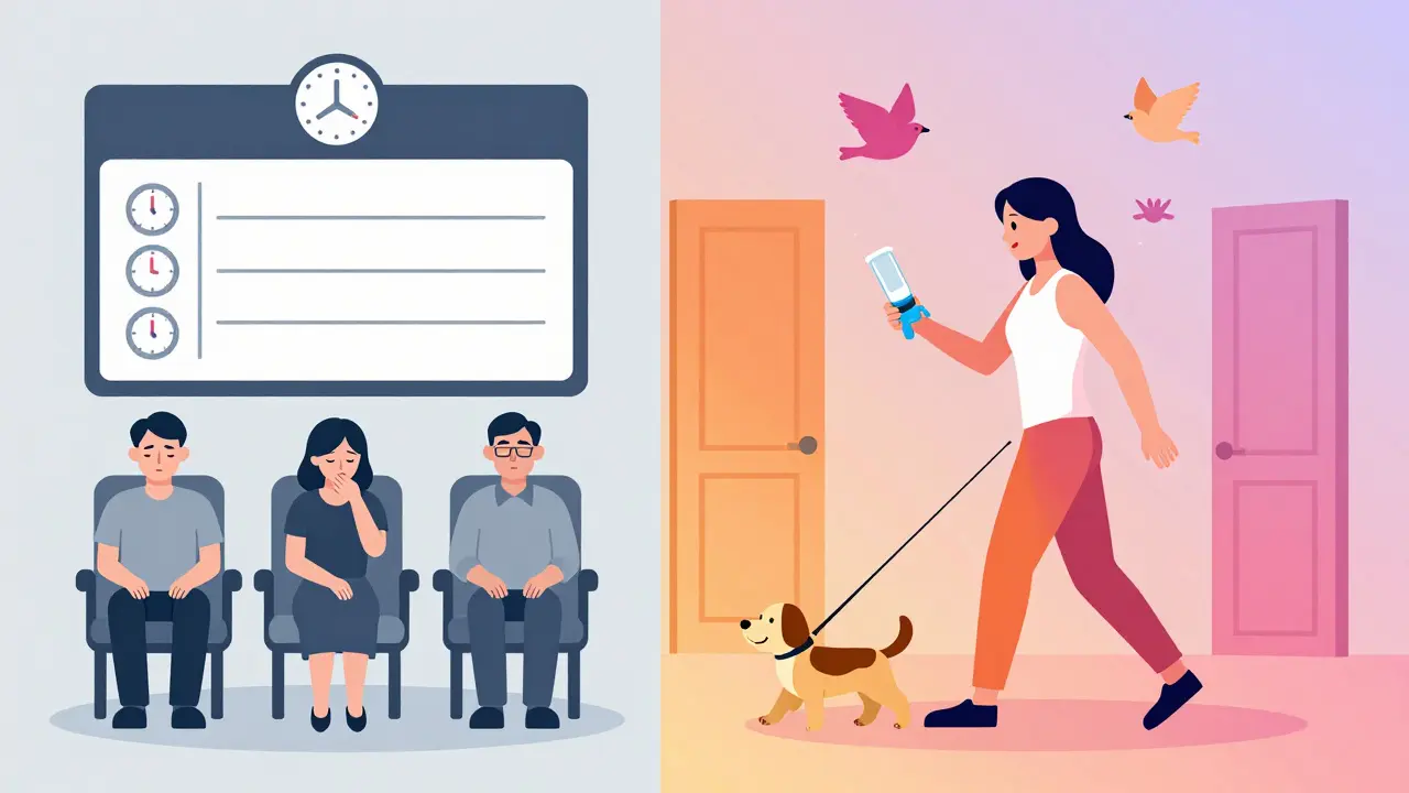 Split scene comparing rigid clinic dialysis schedule versus free-spirited home peritoneal dialysis lifestyle.