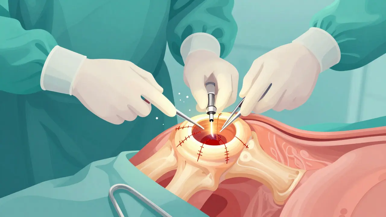 Surgeon repairing hip labrum with glowing anchors during arthroscopy, bone reshaping visible