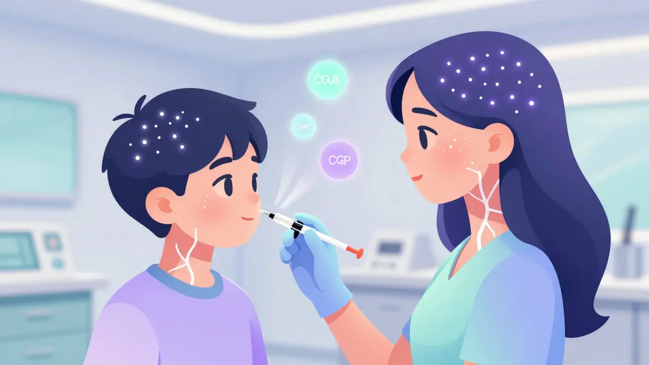 Teen and adult receiving Botox together with glowing injection points and dimming nerve signals above them.