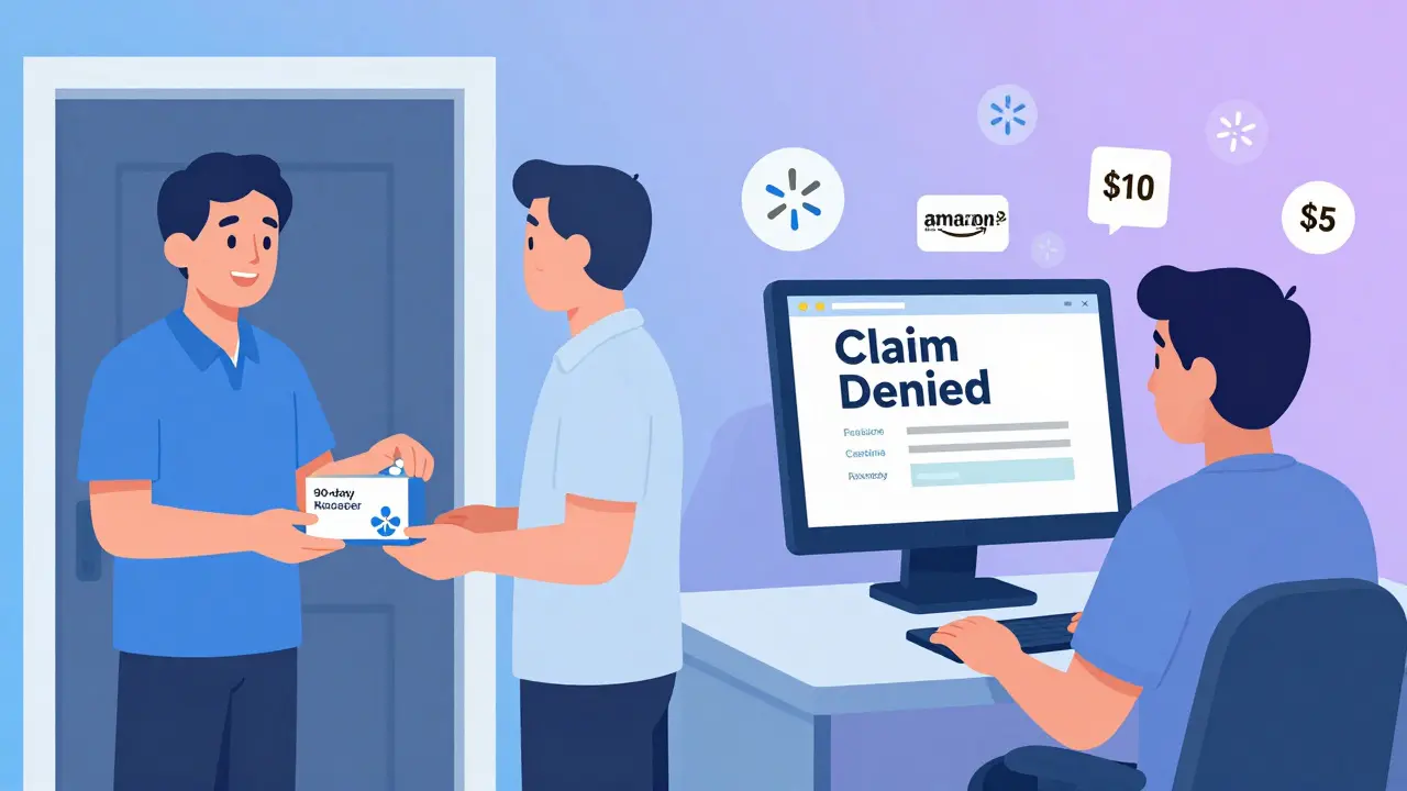 Two pharmacy delivery scenarios: mail-order with low cost versus online purchase with denied insurance, showing cash price alternatives.