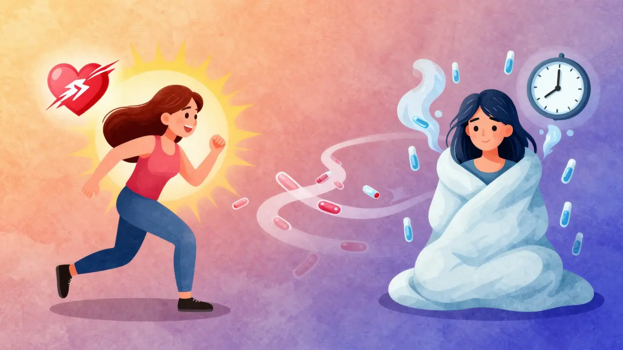 Two sides show a woman’s transformation: one energetic with a racing heart, the other exhausted with cold and hair loss, connected by fading antibodies.