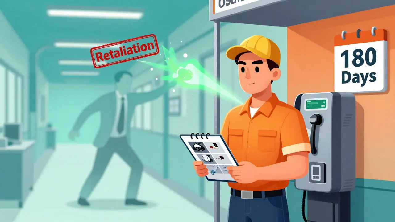 Worker filing a whistleblower complaint at an OSHA hotline with retaliation fading away