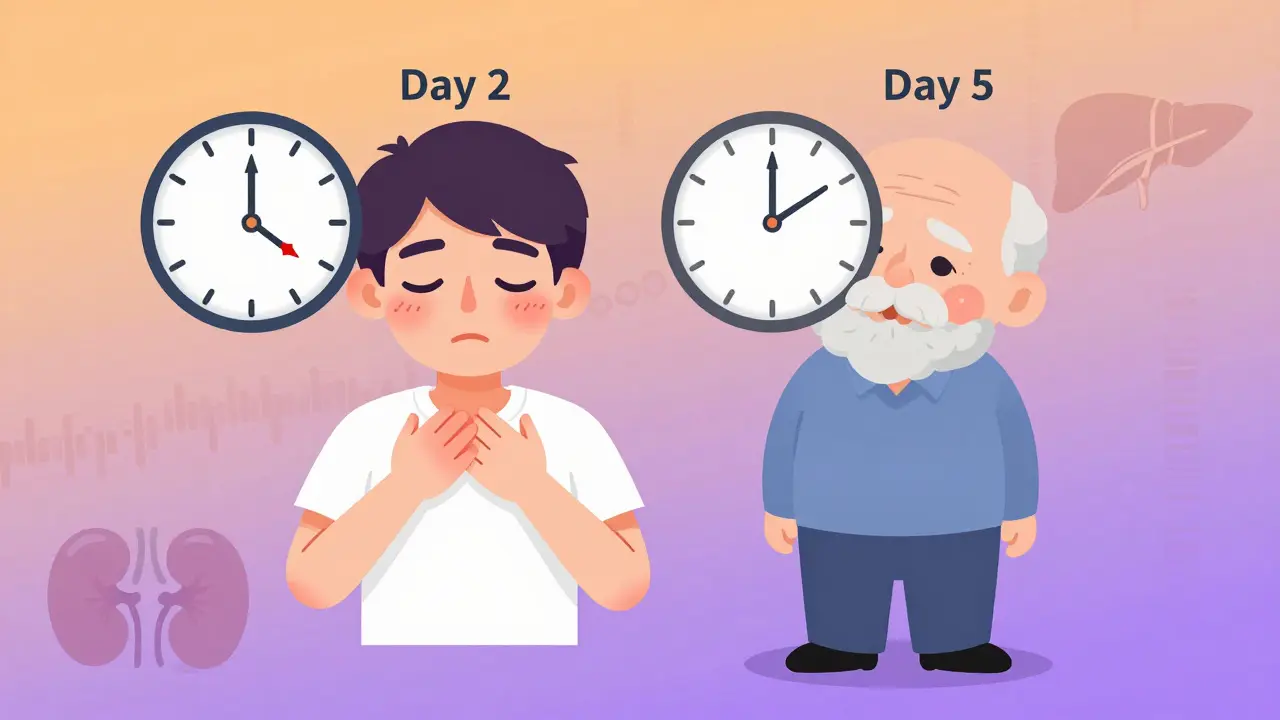 Young and elderly person side by side with clocks showing different timelines for medication side effects.