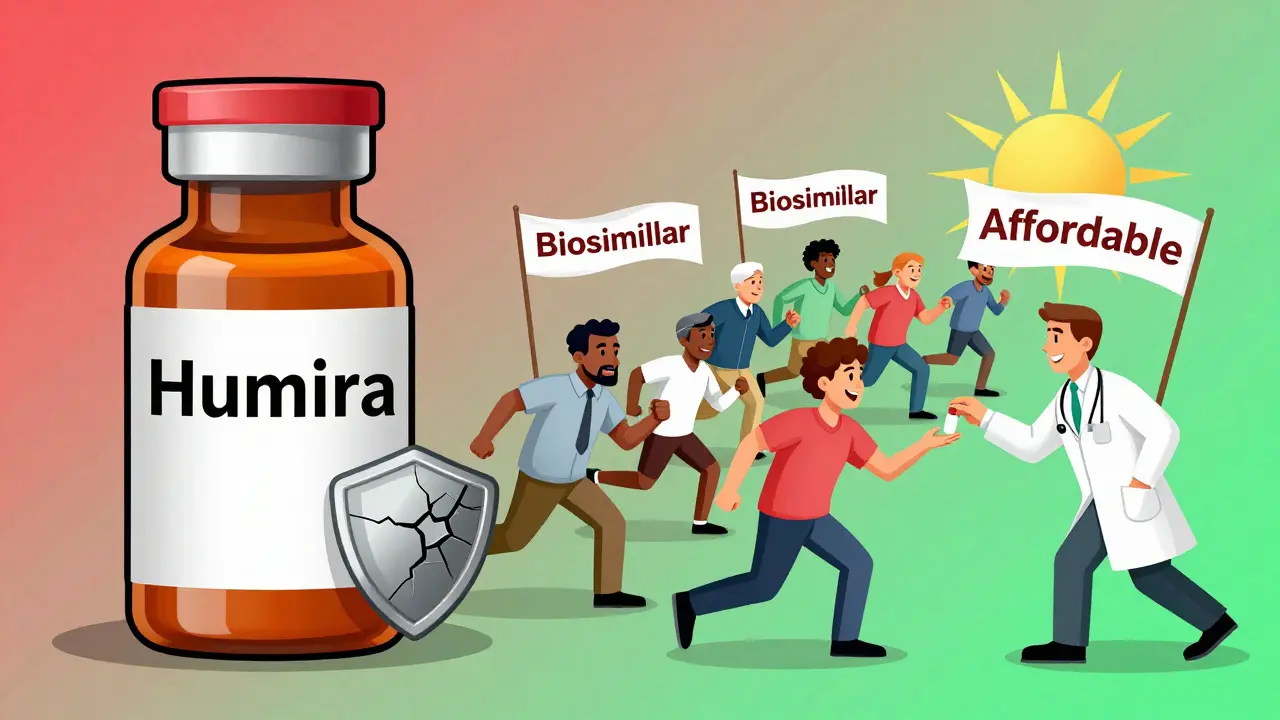 A branded drug breaking apart as generic versions flood in, with a doctor giving medication to a patient under a rising sun.