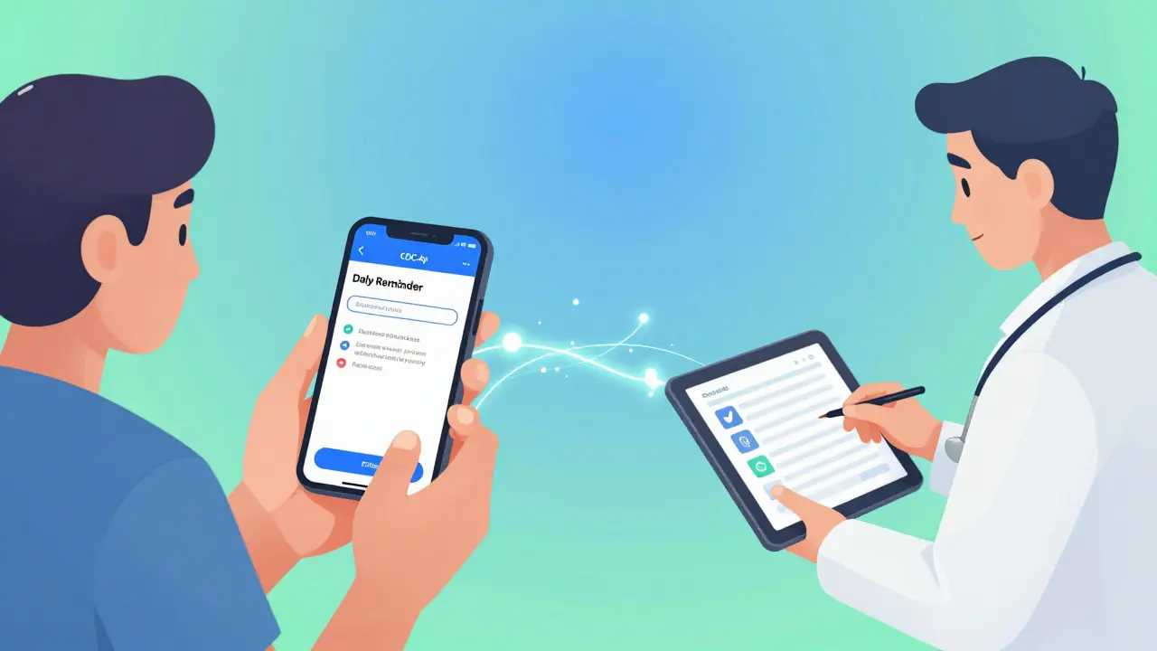 A patient receiving daily health reminders on a phone while their doctor reviews secure symptom data on a tablet.