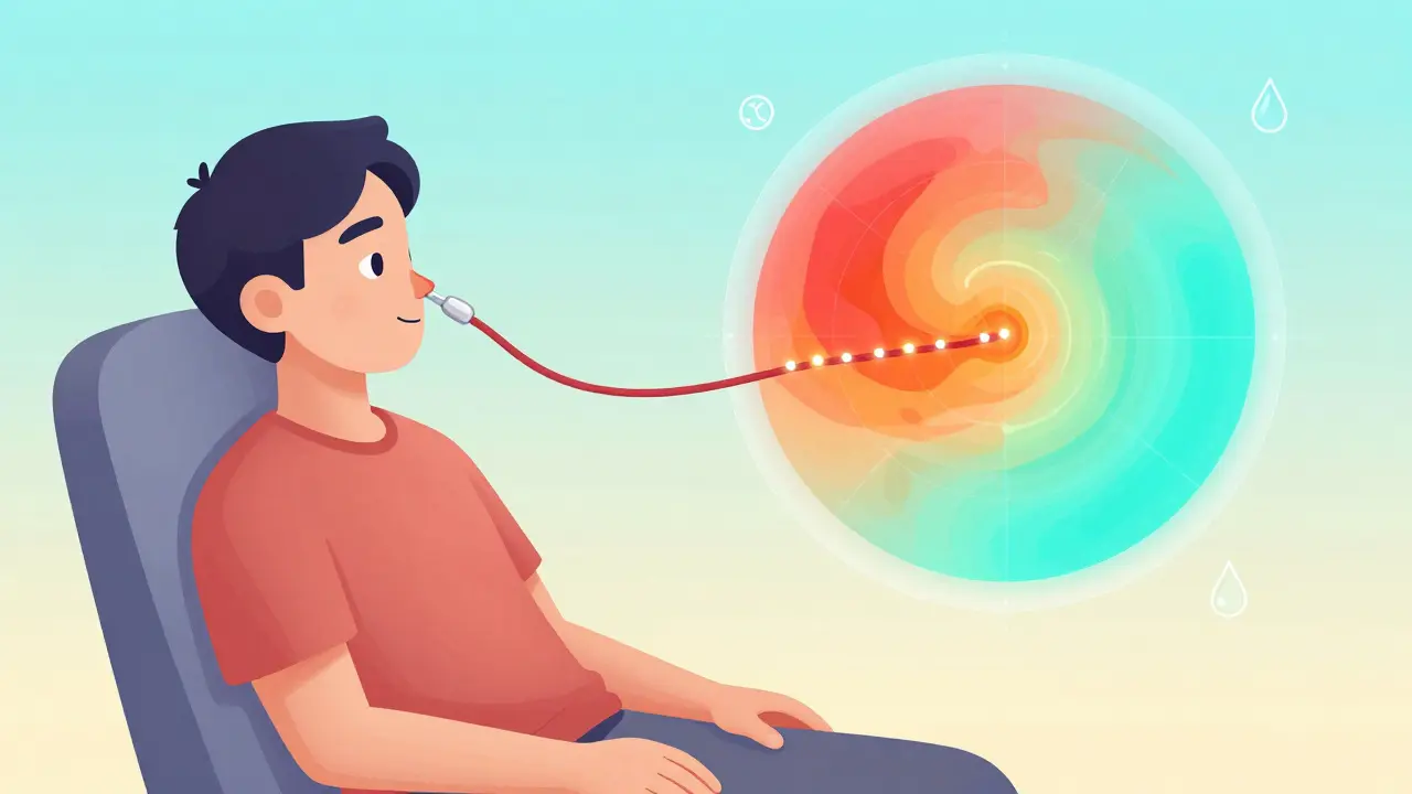 A patient undergoing high-resolution manometry with a sensor tube and floating pressure map in gradient colors.