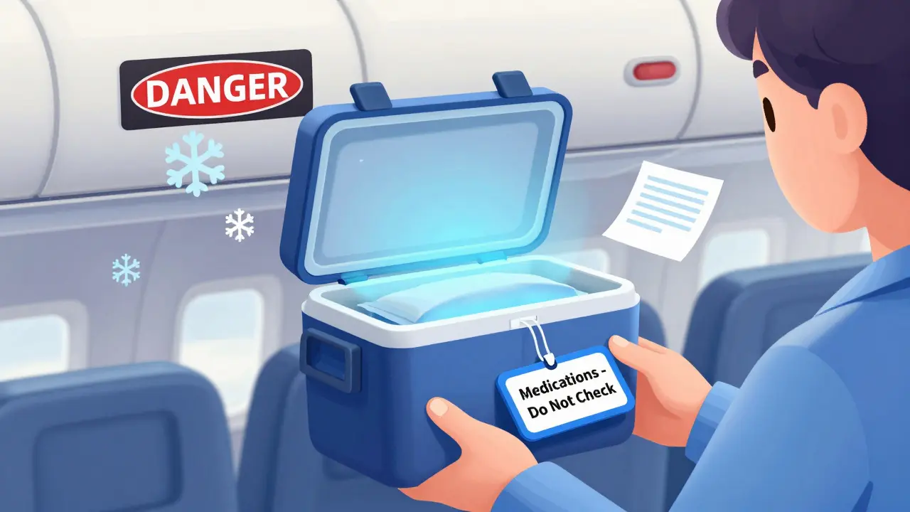 A person carrying a cooled medical travel case on an airplane, with warnings about cargo hold temperatures.