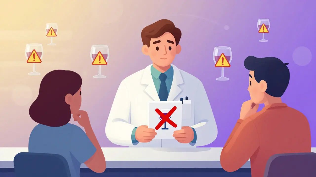 A pharmacist handing a prescription with a red-slash wine icon to a patient.