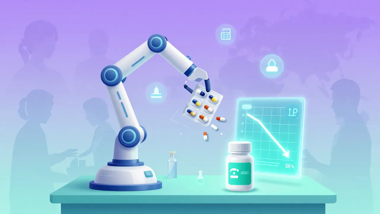 A robotic pharmacy packaging generic pills with smart bottles and a hologram showing falling drug prices worldwide.
