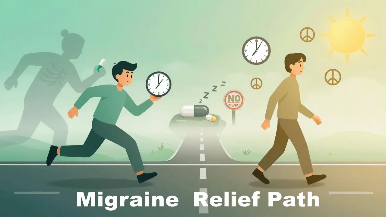 A split path illustration showing fast relief with triptans versus calm, longer-lasting relief with gepants, and drowsiness with ditan.