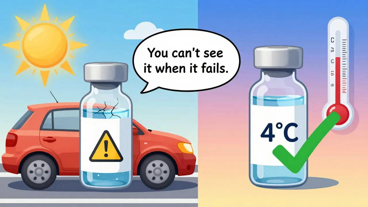 Comparison of damaged insulin in a hot car versus properly stored insulin with temperature indicators.
