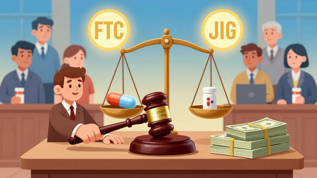 Courtroom scene with gavel crushing product hopping trophy, scale balancing pills and billions