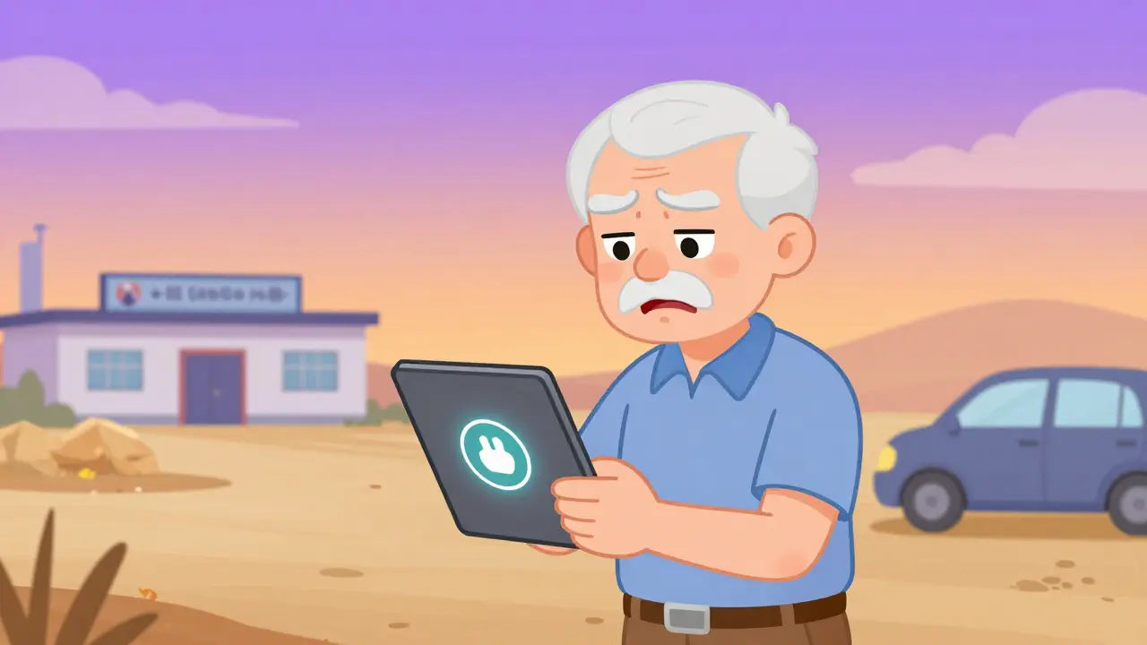 Elderly man struggling with tablet signal in rural area near community hub