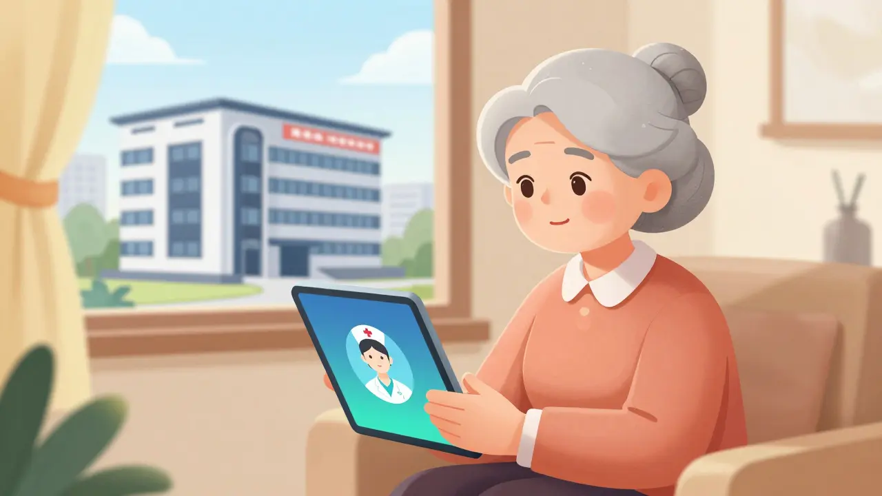 Elderly woman using tablet for virtual consultation at home with community hub outside window