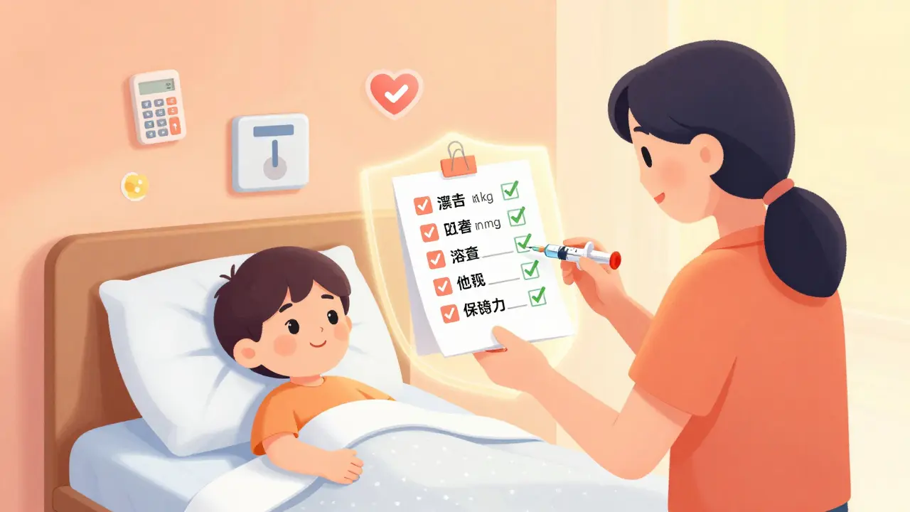 Parent accurately doses child with syringe while checking a safety checklist with verified criteria.