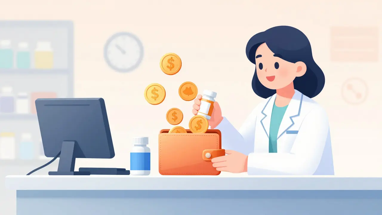 Patient at pharmacy with gradient coins representing cost savings.