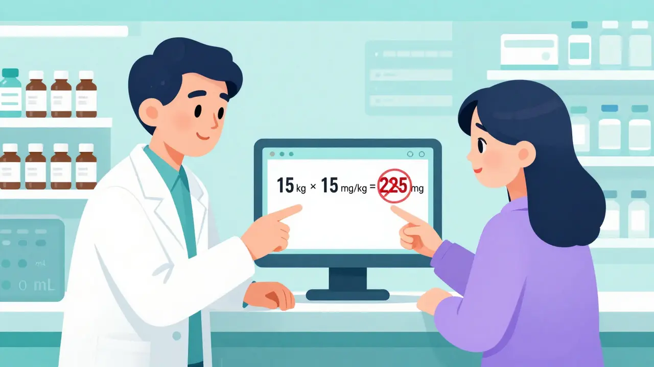 Pharmacist and parent review pediatric dose calculation on a screen, correcting an incorrect volume measurement.