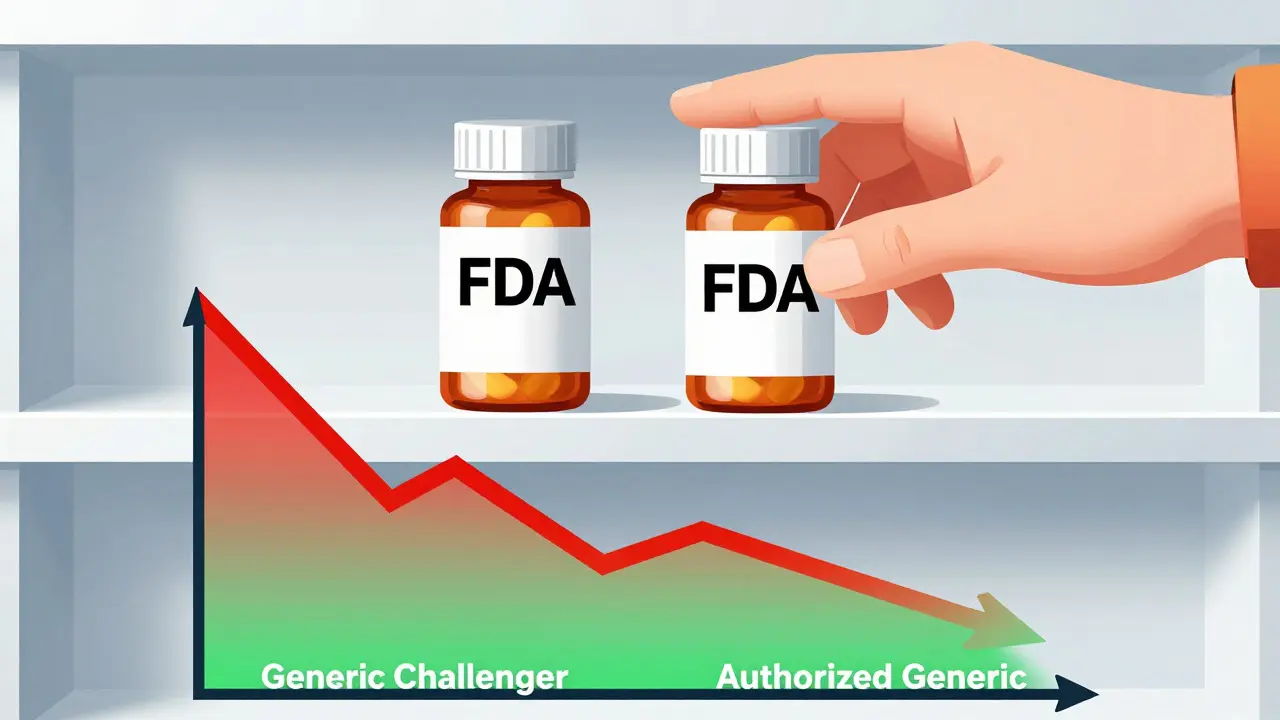 Two identical pill bottles on a pharmacy shelf, one branded and one generic, with prices dropping rapidly.