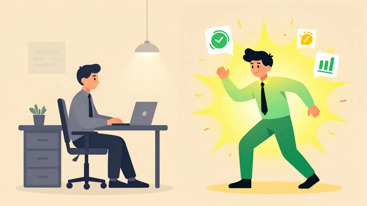 Two office workers side by side—one sitting still, the other active with glowing movement energy.