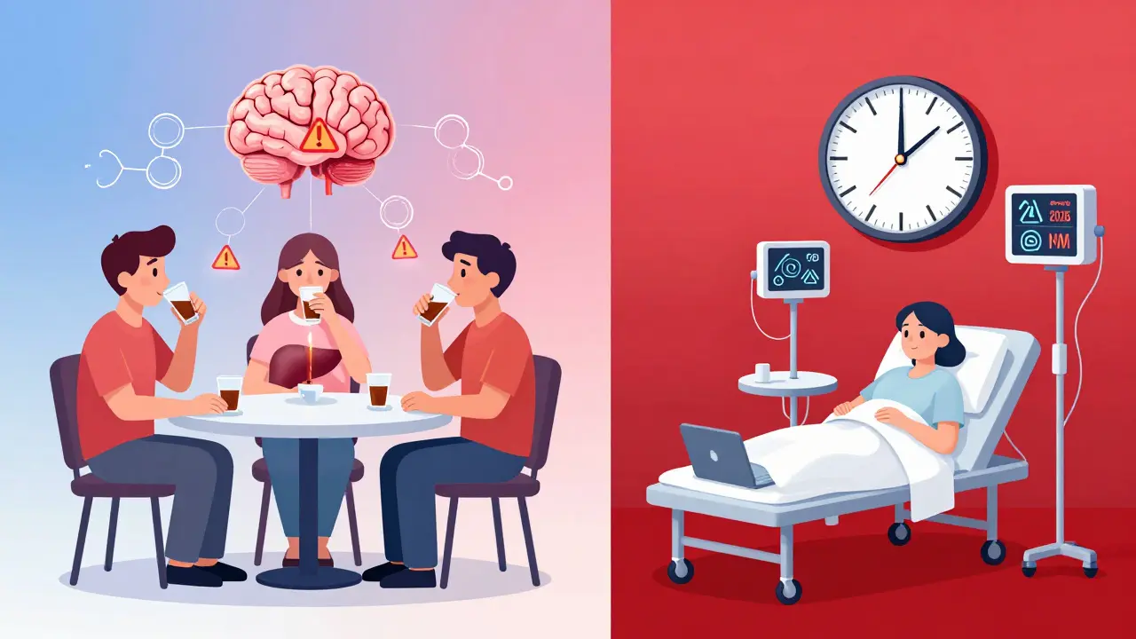 Two sides of a scene: casual drinkers vs. hospitalized patients with 2026 alert icons.