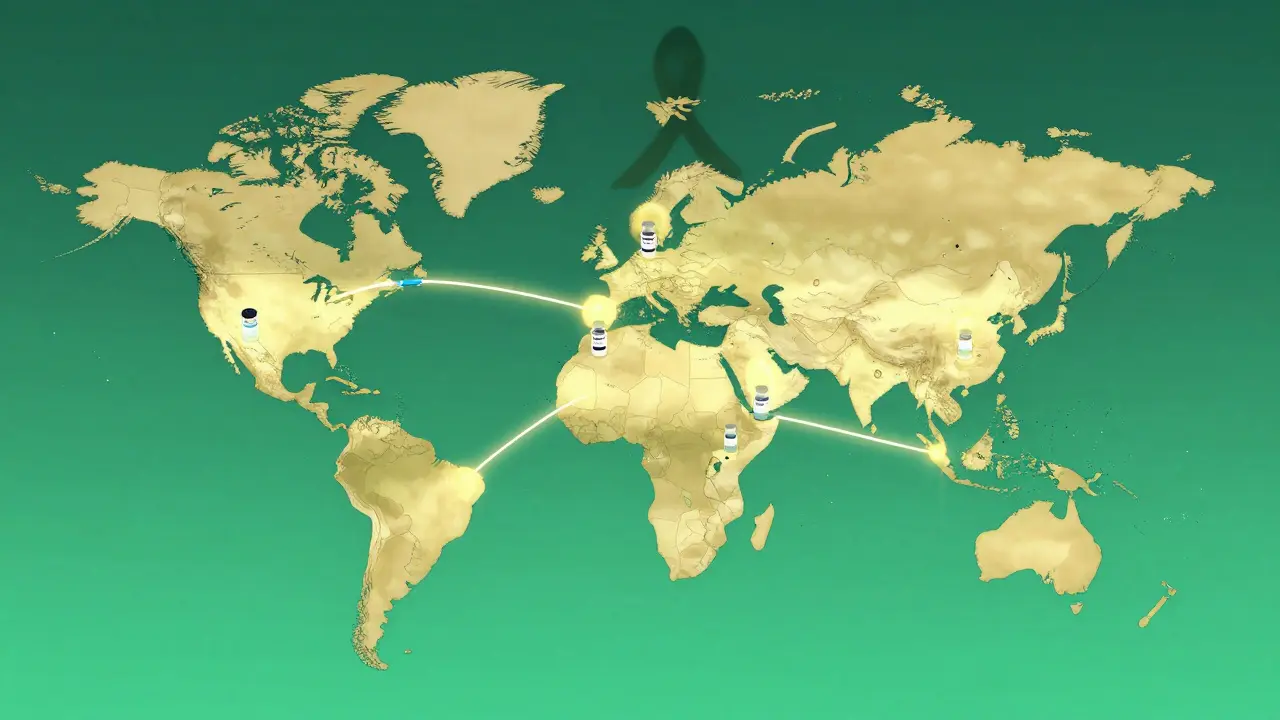 A global map showing HPV prevention tools reaching underserved areas, as cervical cancer fades away.