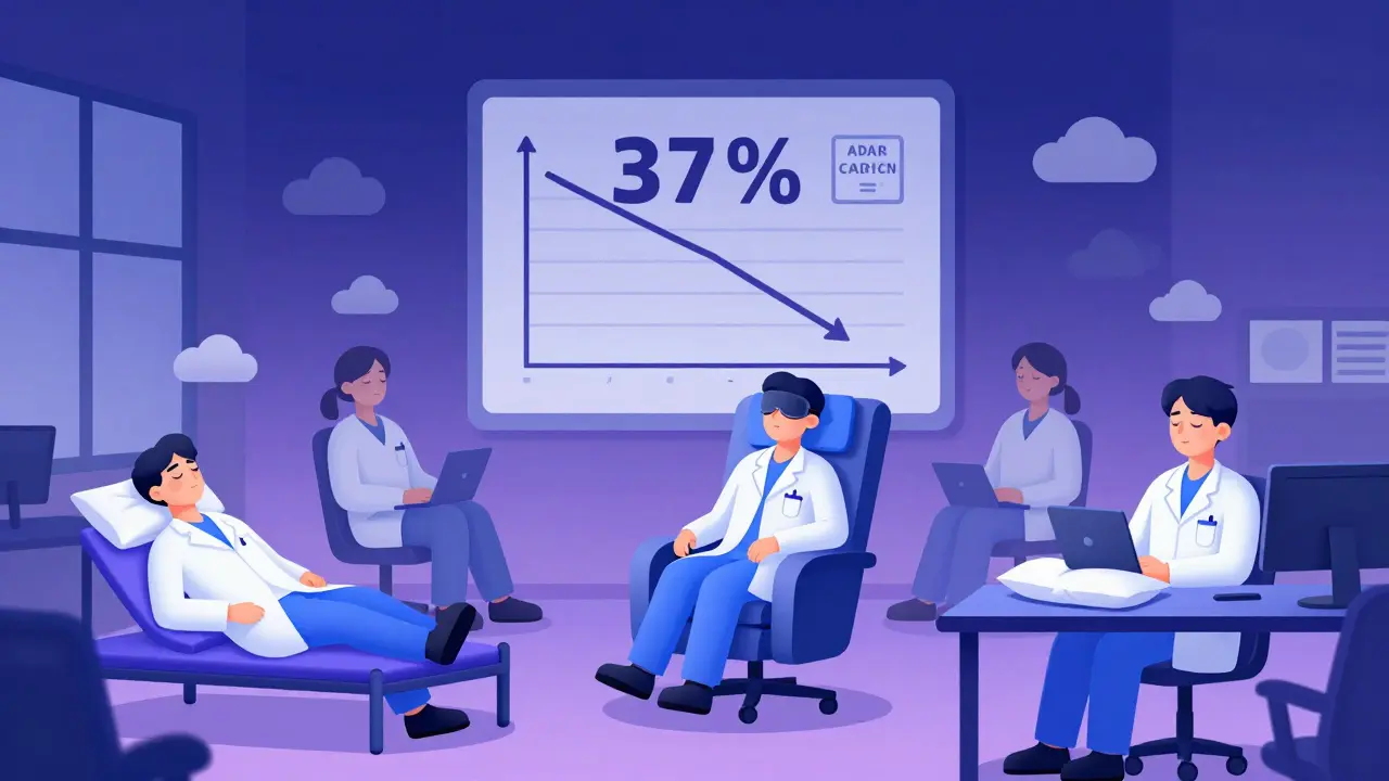 A group of healthcare workers napping in a break room during a night shift, with a graph showing reduced errors behind them.