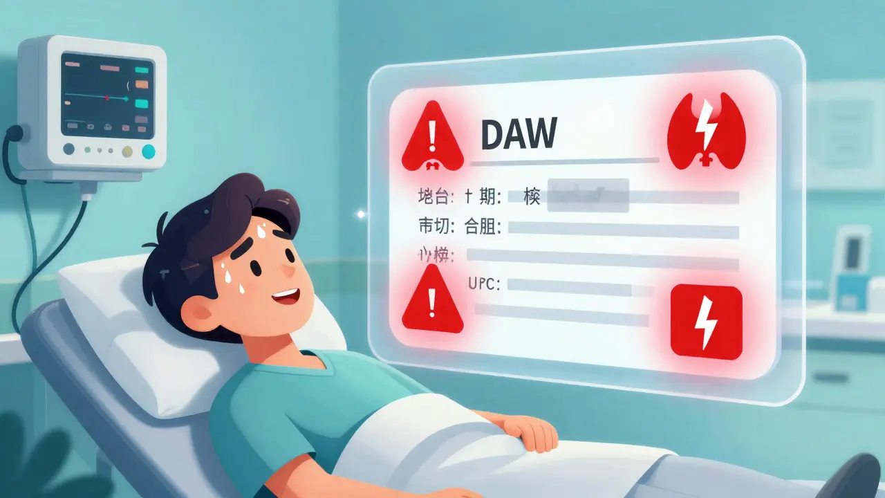 A patient in an ER has a faded prescription note floating above them, with warning symbols for thyroid and seizure risks.