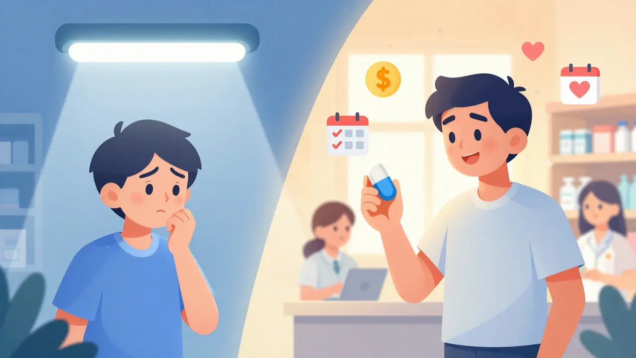 A person’s emotional journey from worry to confidence after switching to a generic medication, shown in a split illustration.