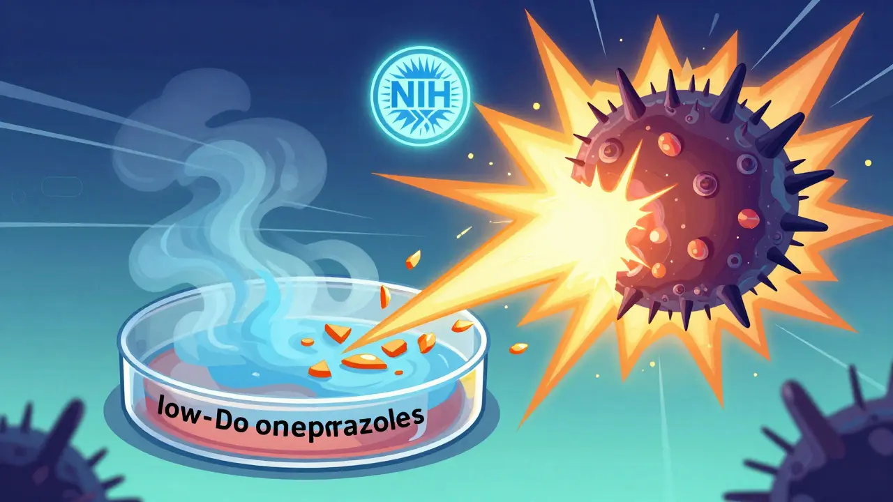 A petri dish where omeprazole and itraconazole combine to destroy resistant fungus, with an NIH trial logo above.