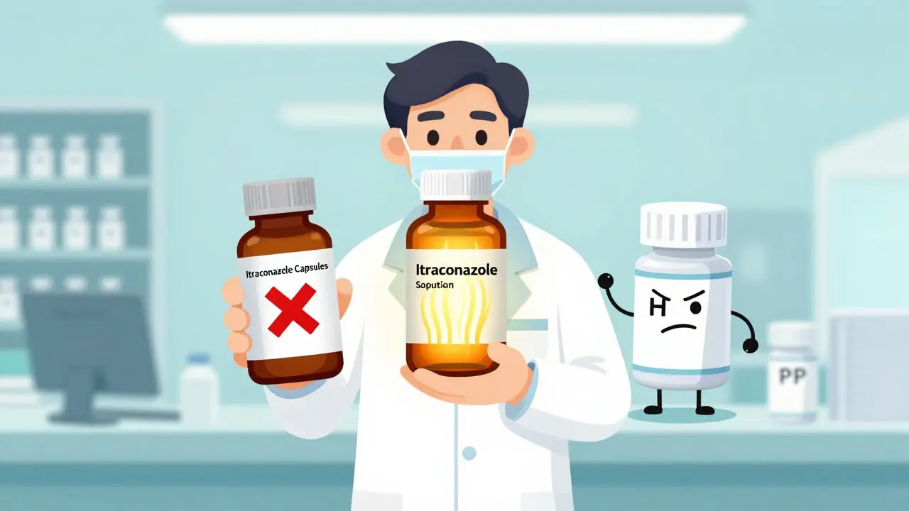A pharmacist comparing itraconazole capsules and solution, with famotidine as the better acid reducer alternative.