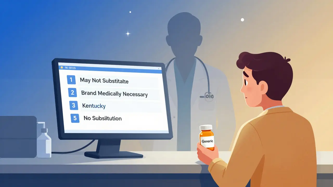 A pharmacist stares at a glitching screen showing conflicting state drug substitution rules while a patient holds a generic pill bottle.