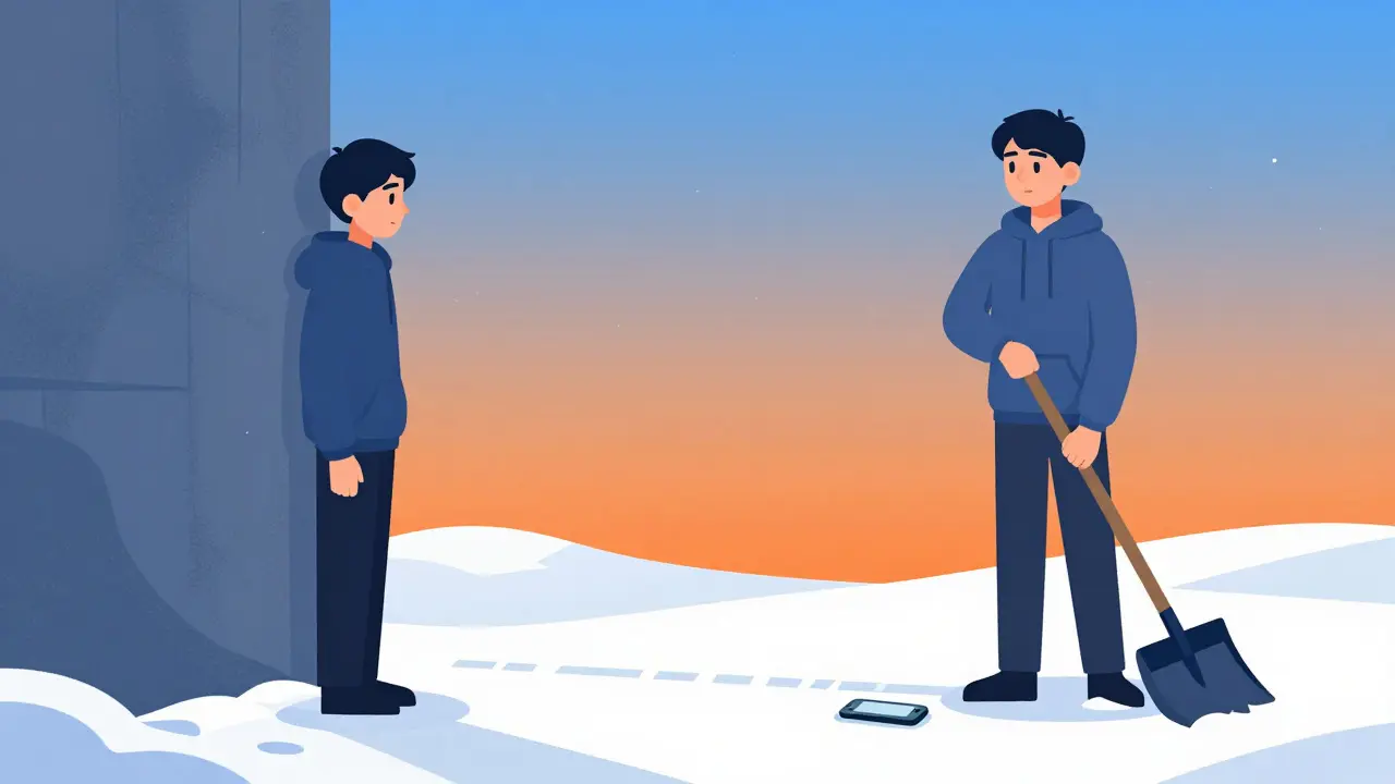 A teen in snow holds a shovel — representing early antidepressant effects — as a path leads to a phone, illustrating the vulnerable transition from paralysis to action.