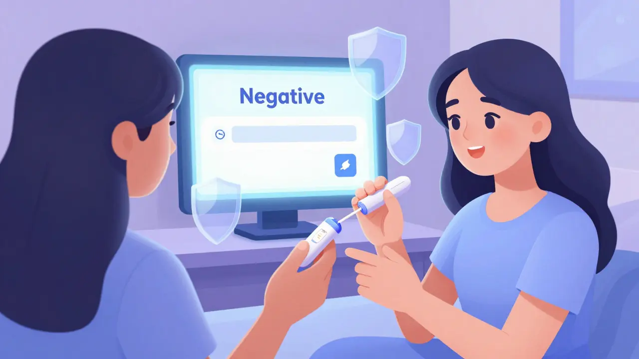 A woman performing an at-home HPV test, with a negative result displayed on a glowing screen.