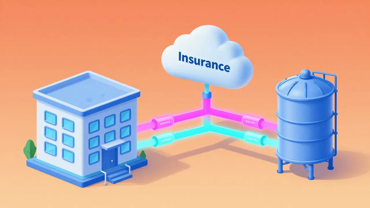 Cartoon pharmacy ecosystem with glowing pipelines connecting insurance and manufacturer.