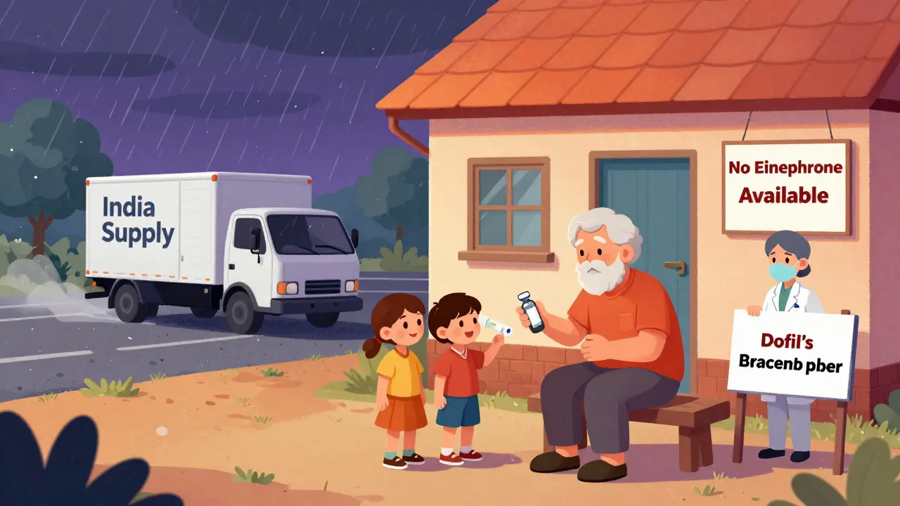 Elderly patient with empty insulin vial, delivery truck stranded in storm outside.