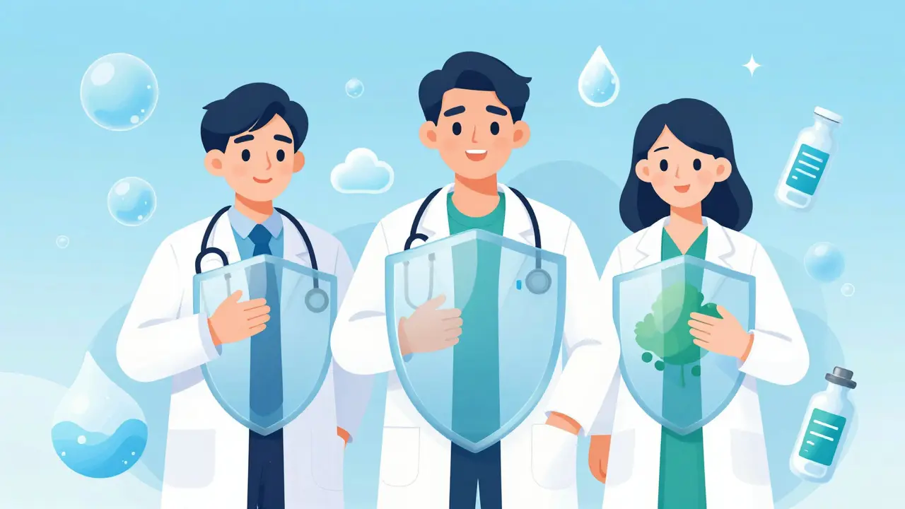 Medical workers collaborating with protective shields in colorful art